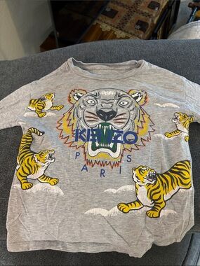 Kenzo Gray Tee with Multicolor Tiger Motif-kids size 3/4T